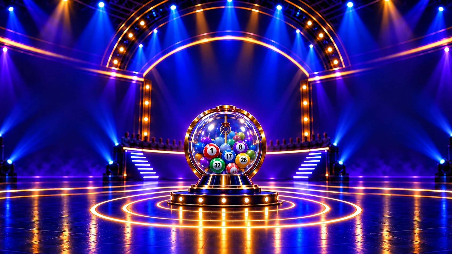 The Bingo-Powerball hall artwork, with a golden bingo machine under blue and purple stage lights